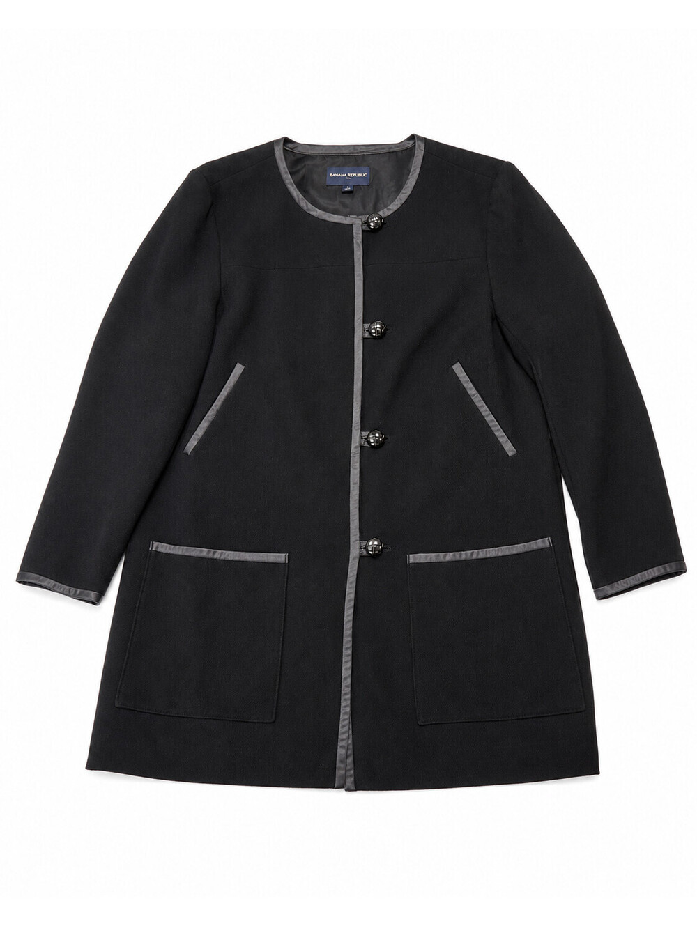 Vintage Womens Banana Republic Black Collarless Car Coat Mid-Length Jacket SzXL - Picture 4 of 11